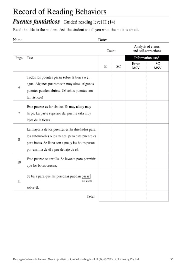 Puentes fantásticos Reading Record